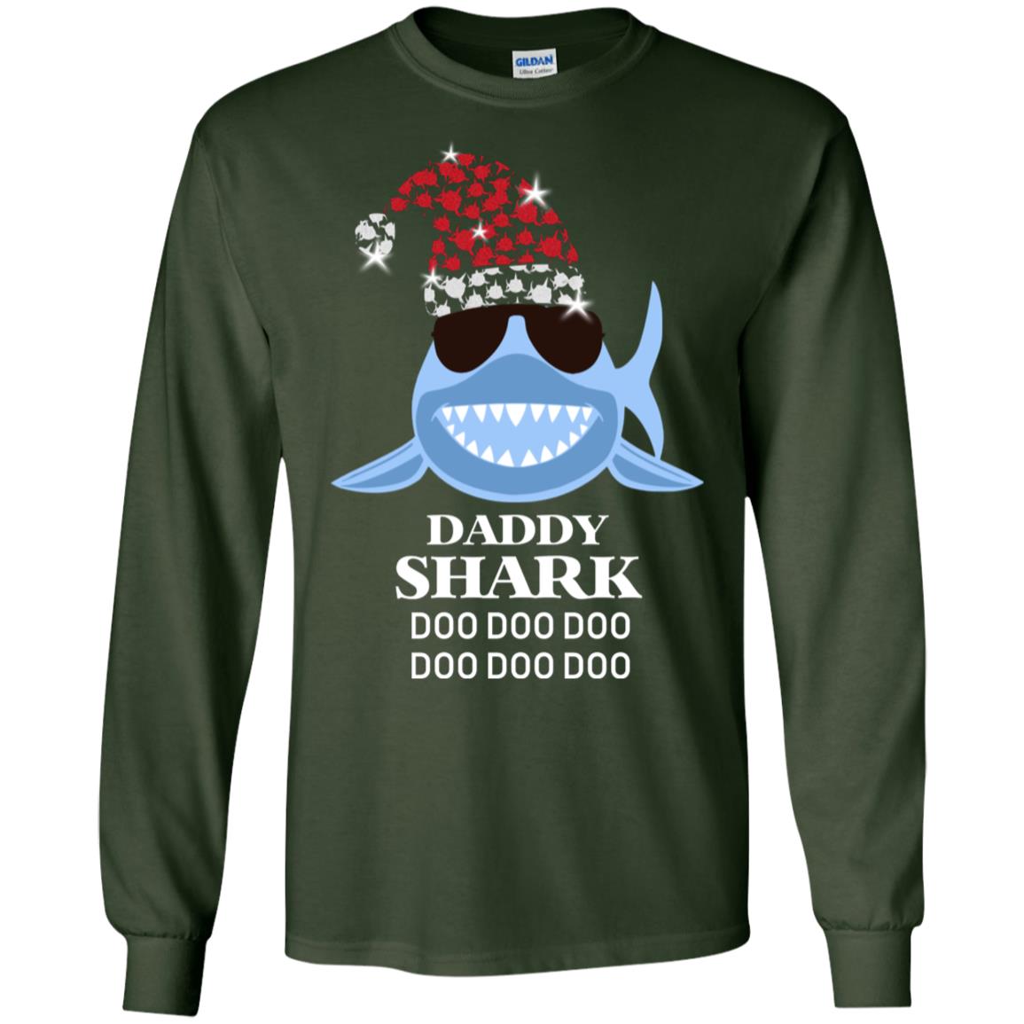 Daddy Shark With Santa Claus Hat Merry X-mas Family Shark Gift Shirt Forest Green