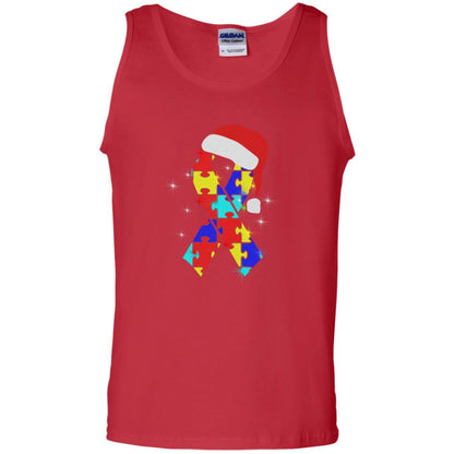 Autism Puzzle Ribbon Santa Hat X-mas Gift Shirt Red