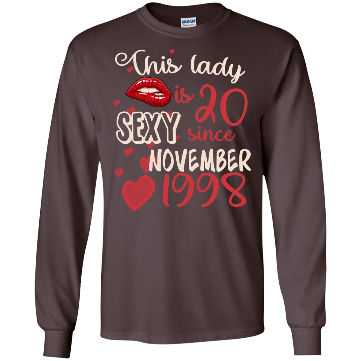 This Lady Is 20 Sexy Since November 1998 20th Birthday Shirt For November Womens Dark Chocolate