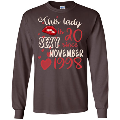 This Lady Is 20 Sexy Since November 1998 20th Birthday Shirt For November Womens Dark Chocolate