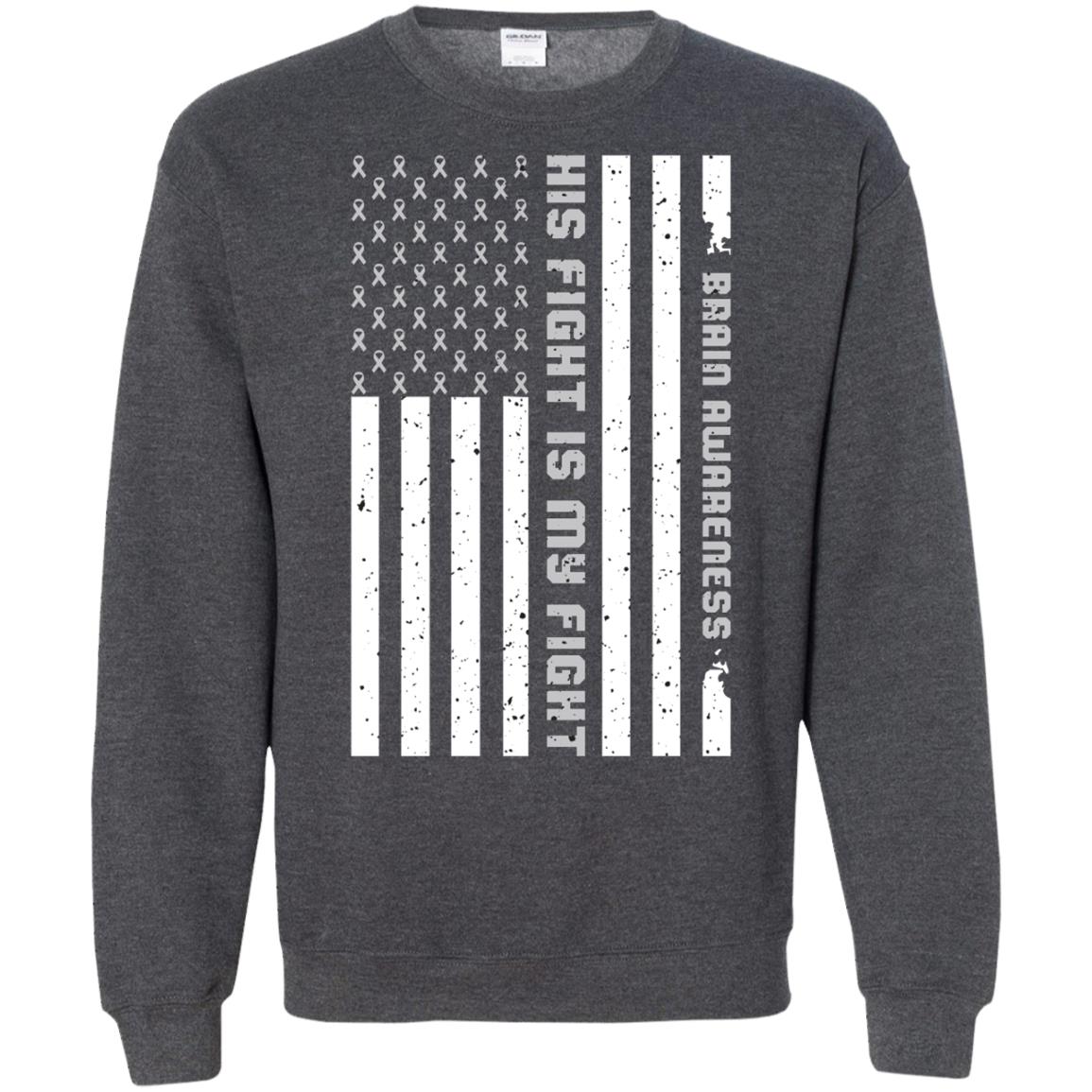 Brain Awareness His Fight Is My Fight Grey Ribbon Stars Flag Of Usa Shirt Dark Heather