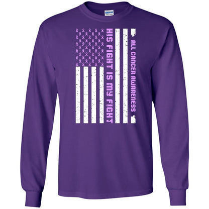 All Cancer Awareness His Fight Is My Fight Lavender Ribbon Stars Flag Of Usa Shirt Purple