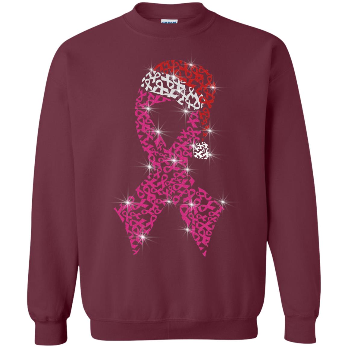 Pink Ribbon With Santa Hat Breast Cancer Awareness X-mas Gift Shirt Maroon