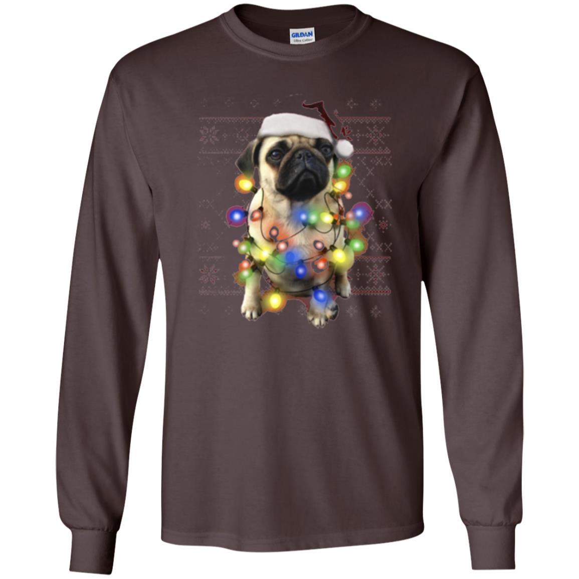 Dog Lover T-shirt Ugly Sweater Photoreal Christmas Lights Pug Graphic Dark Chocolate