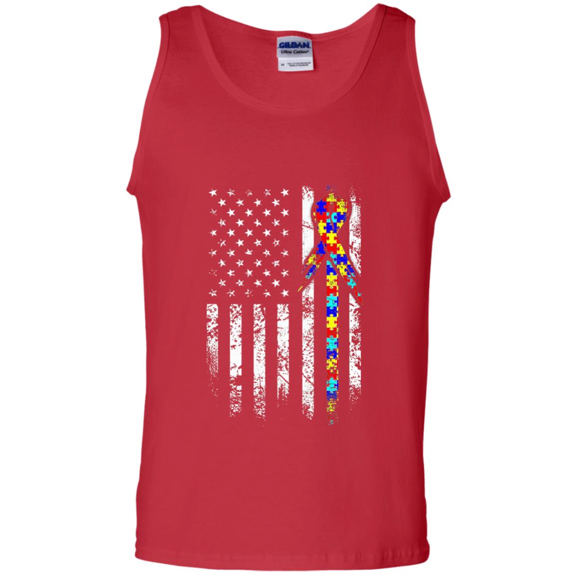 American Flag Distressed Autism Awareness T-shirt Red