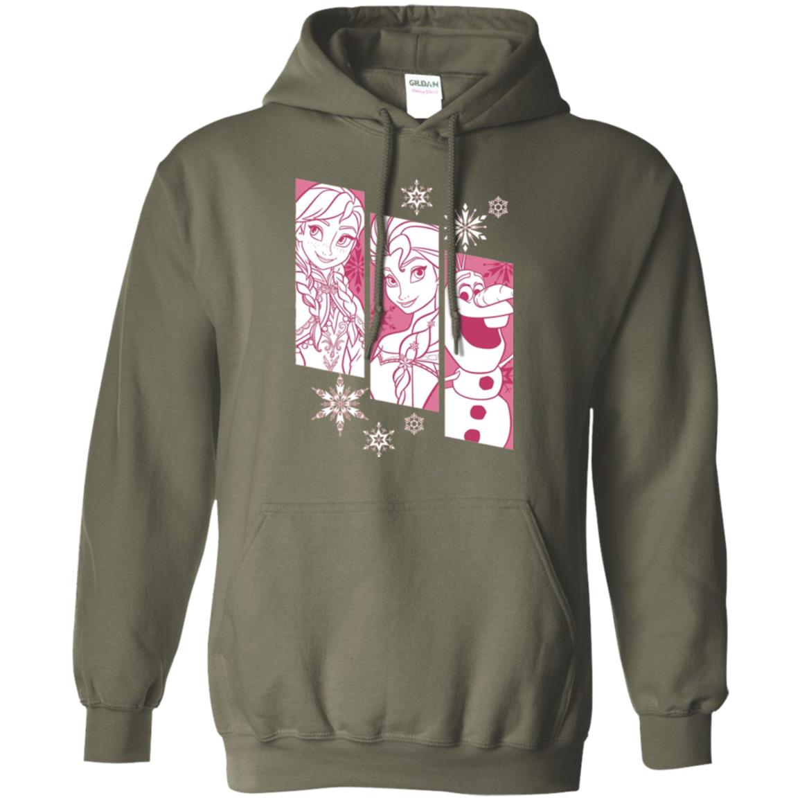 Frozen Anna Elsa Olaf Snowflake Panel Graphic T-shirt Military Green