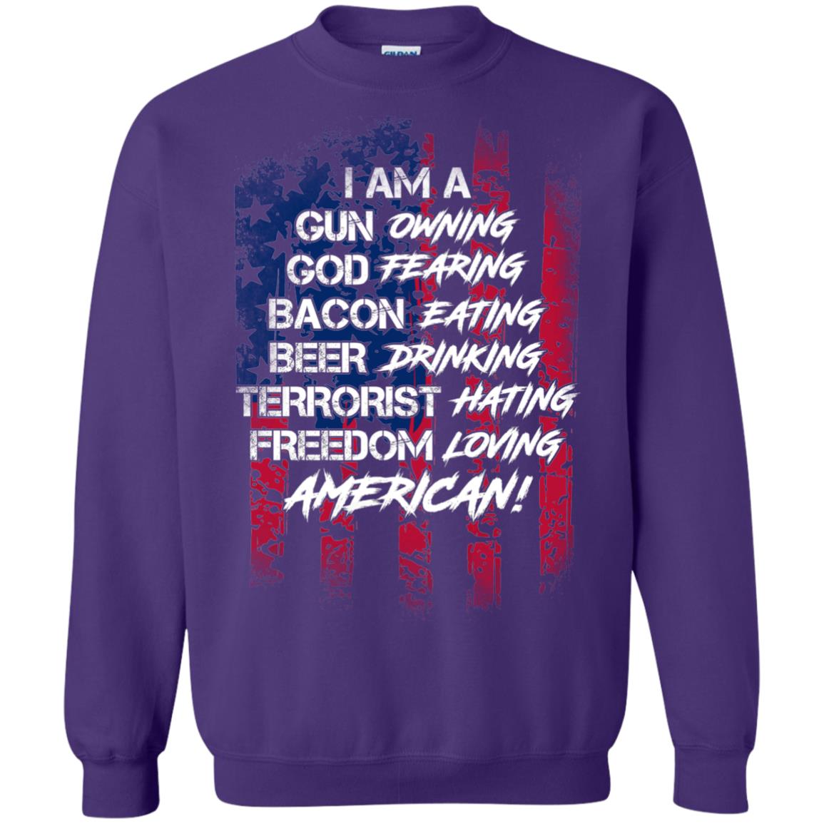 Military T-shirt I Am A Gun Owning God Fearing Bacon Eating Purple