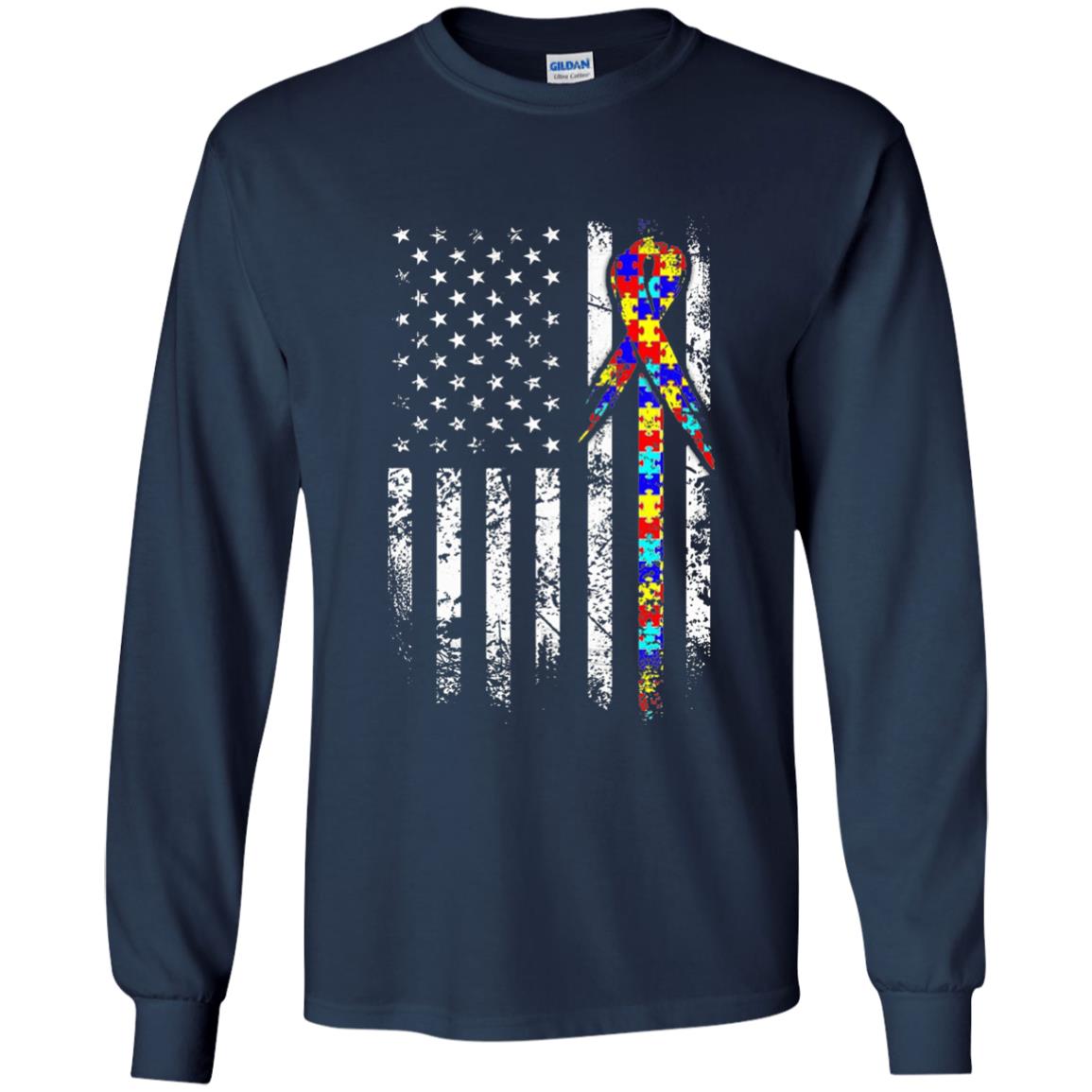 American Flag Distressed Autism Awareness T-shirt Navy