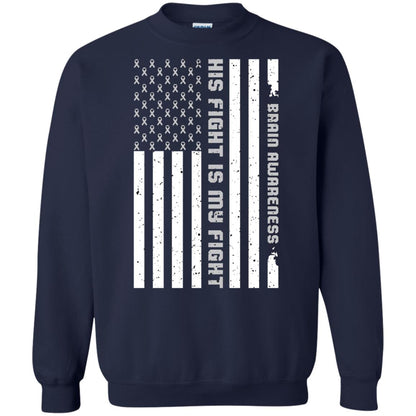 Brain Awareness His Fight Is My Fight Grey Ribbon Stars Flag Of Usa Shirt Navy