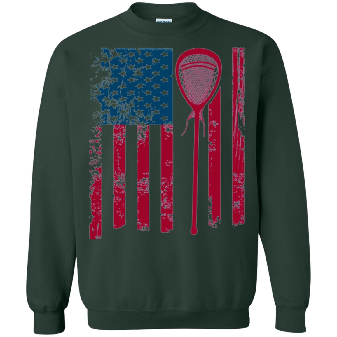 Lacrosse Player T-shirt Lacrosse American Flag Stick Forest Green