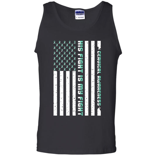 Cervical Awareness His Fight Is My Fight Teal White Stars Flag Of Usa Shirt Black