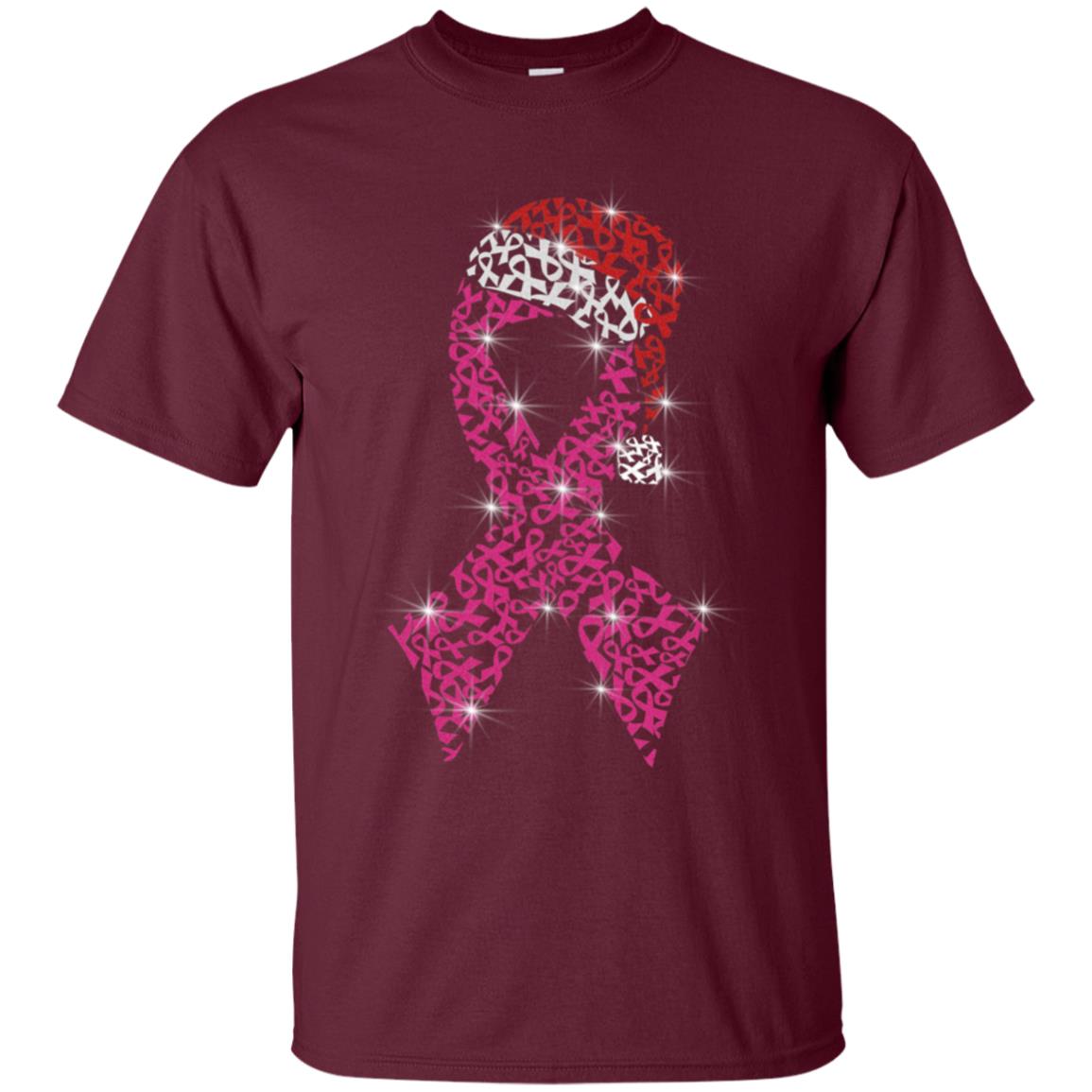 Pink Ribbon With Santa Hat Breast Cancer Awareness X-mas Gift Shirt Maroon