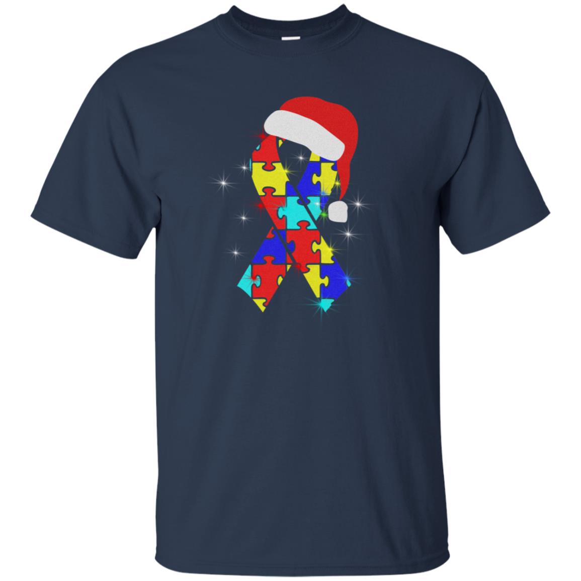 Autism Puzzle Ribbon Santa Hat X-mas Gift Shirt Navy
