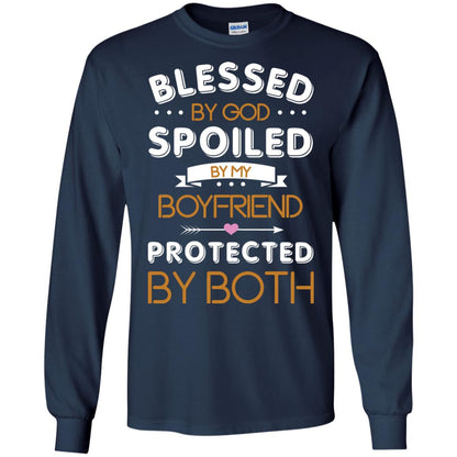 Blessed By God Spoiled By My Boyfriend Protected By Both Shirt Navy
