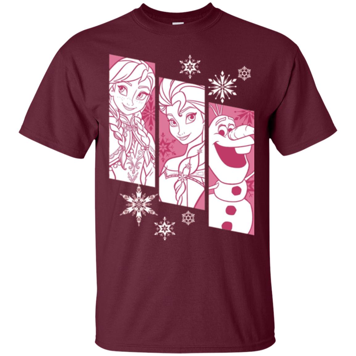 Frozen Anna Elsa Olaf Snowflake Panel Graphic T-shirt Maroon