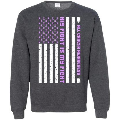 All Cancer Awareness His Fight Is My Fight Lavender Ribbon Stars Flag Of Usa Shirt Dark Heather