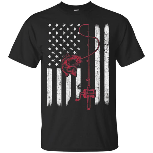 Vintage Fishing With American Flag Bass Fisherman T-shirt Black