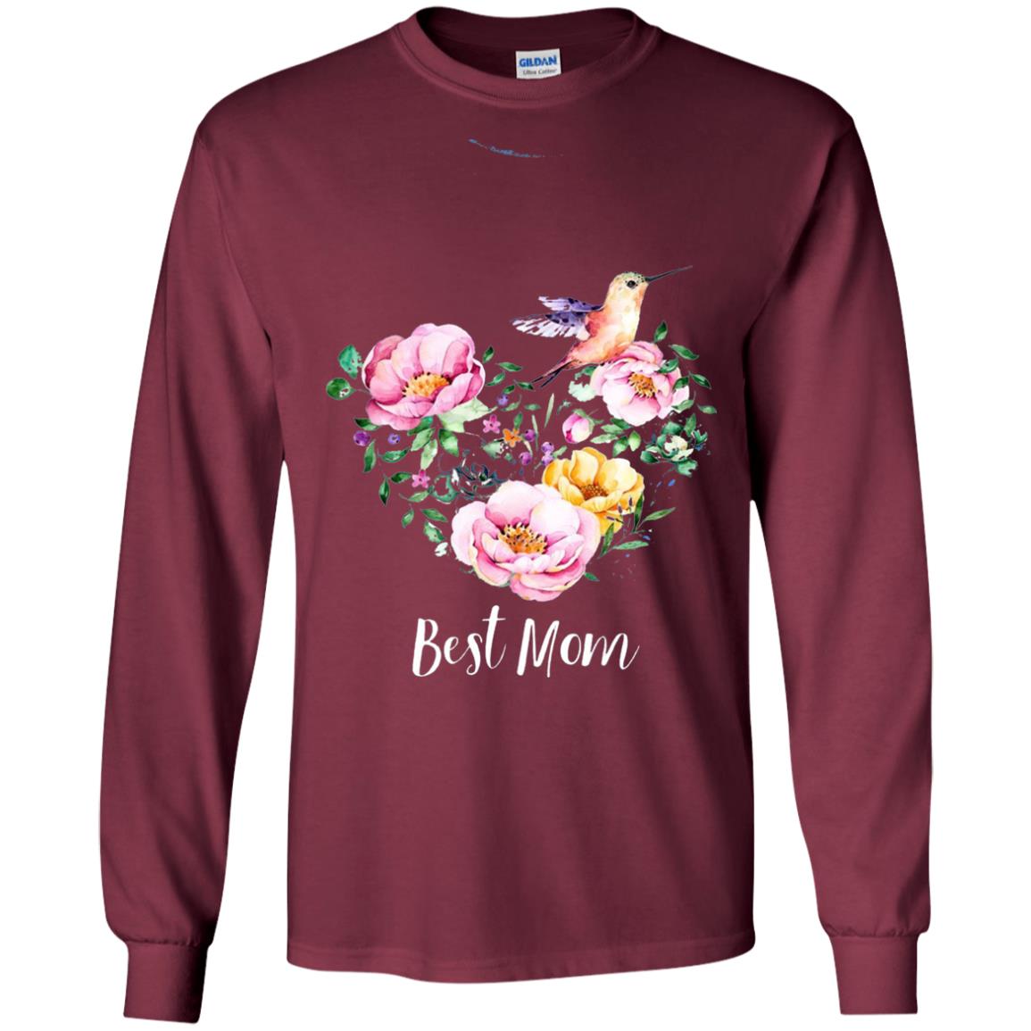 Best Mom Hummingbird Flower Heart Mommy Shirt Maroon