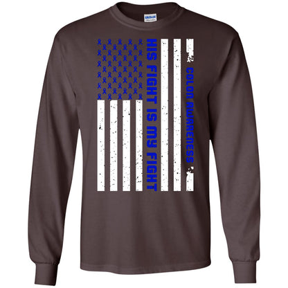 Colon Awareness His Fight Is My Fight Dark Blue Ribbon Stars Flag Of Usa Shirt Dark Chocolate