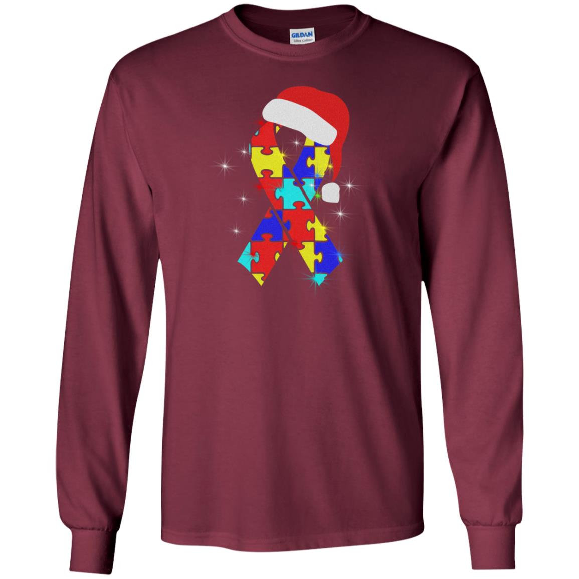 Autism Puzzle Ribbon Santa Hat X-mas Gift Shirt Maroon
