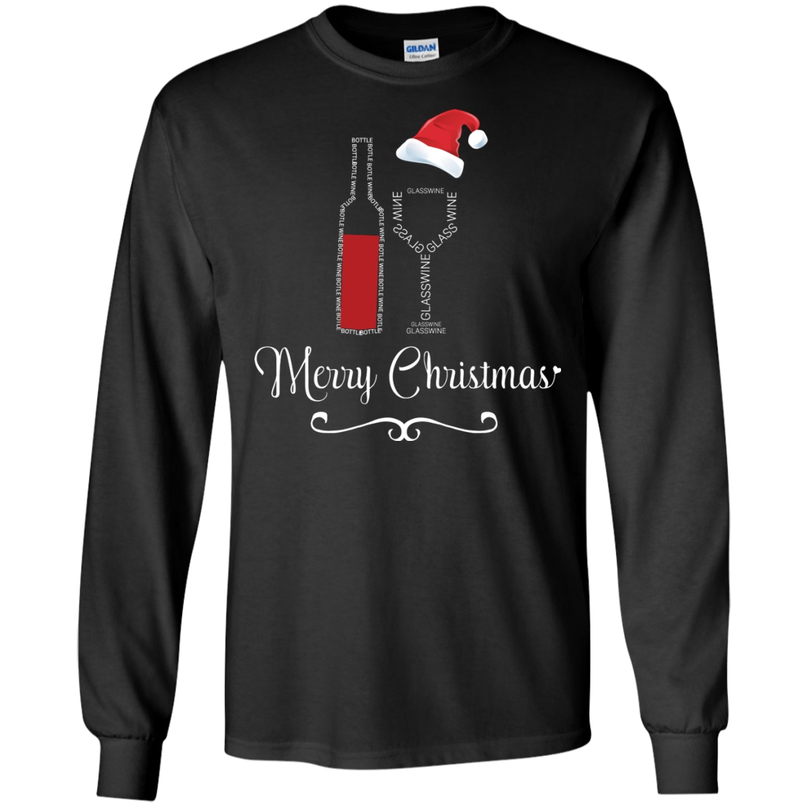 Christmas T-shirt Merry Christmas With Wine Botle And Glass Wine Black