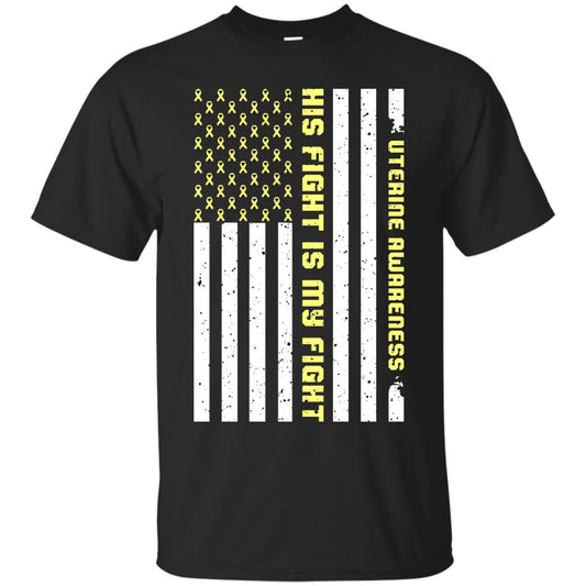 Uterine Awareness His Fight Is My Fight Peach Ribbon Stars Flag Of Usa Shirt Black