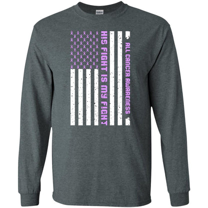 All Cancer Awareness His Fight Is My Fight Lavender Ribbon Stars Flag Of Usa Shirt Dark Heather