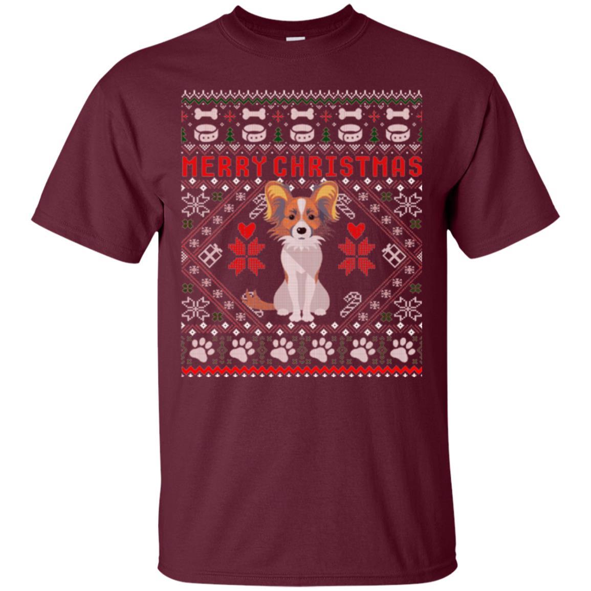 Dog Lover T-shirt Papillon Dog Merry Christmas Maroon