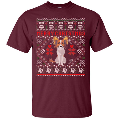 Dog Lover T-shirt Papillon Dog Merry Christmas Maroon