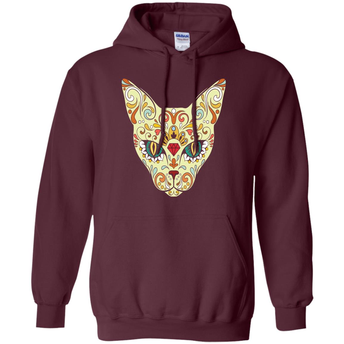 Cat Sugar Skull Design T-shirt Maroon