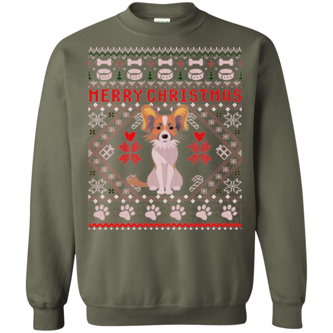 Dog Lover T-shirt Papillon Dog Merry Christmas Military Green