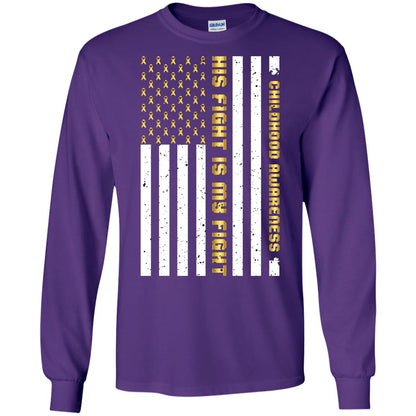 Childhood Awareness His Fight Is My Fight Gold Ribbon Stars Flag Of Usa Shirt Purple