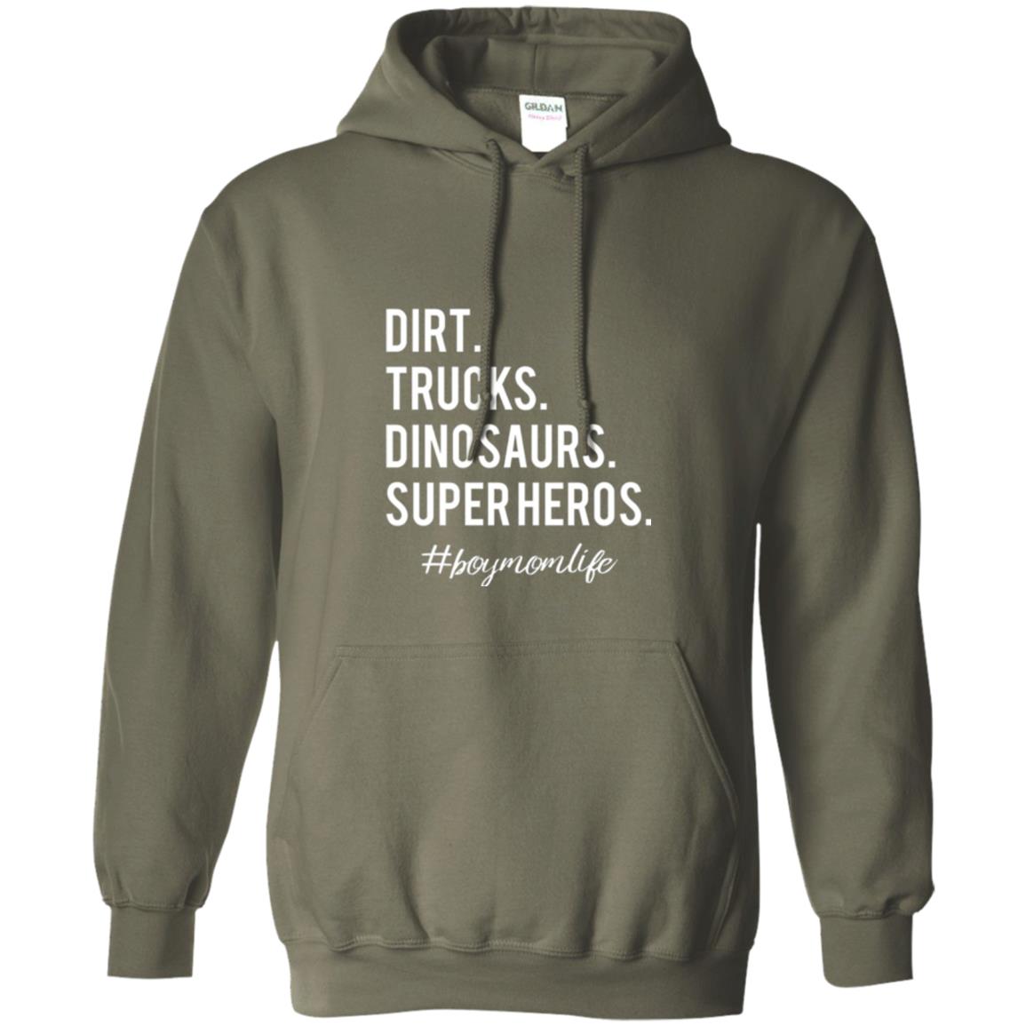 Dirt Trucks Dinosaurs Super Heros #boymomlife Mommy T-shirt Military Green
