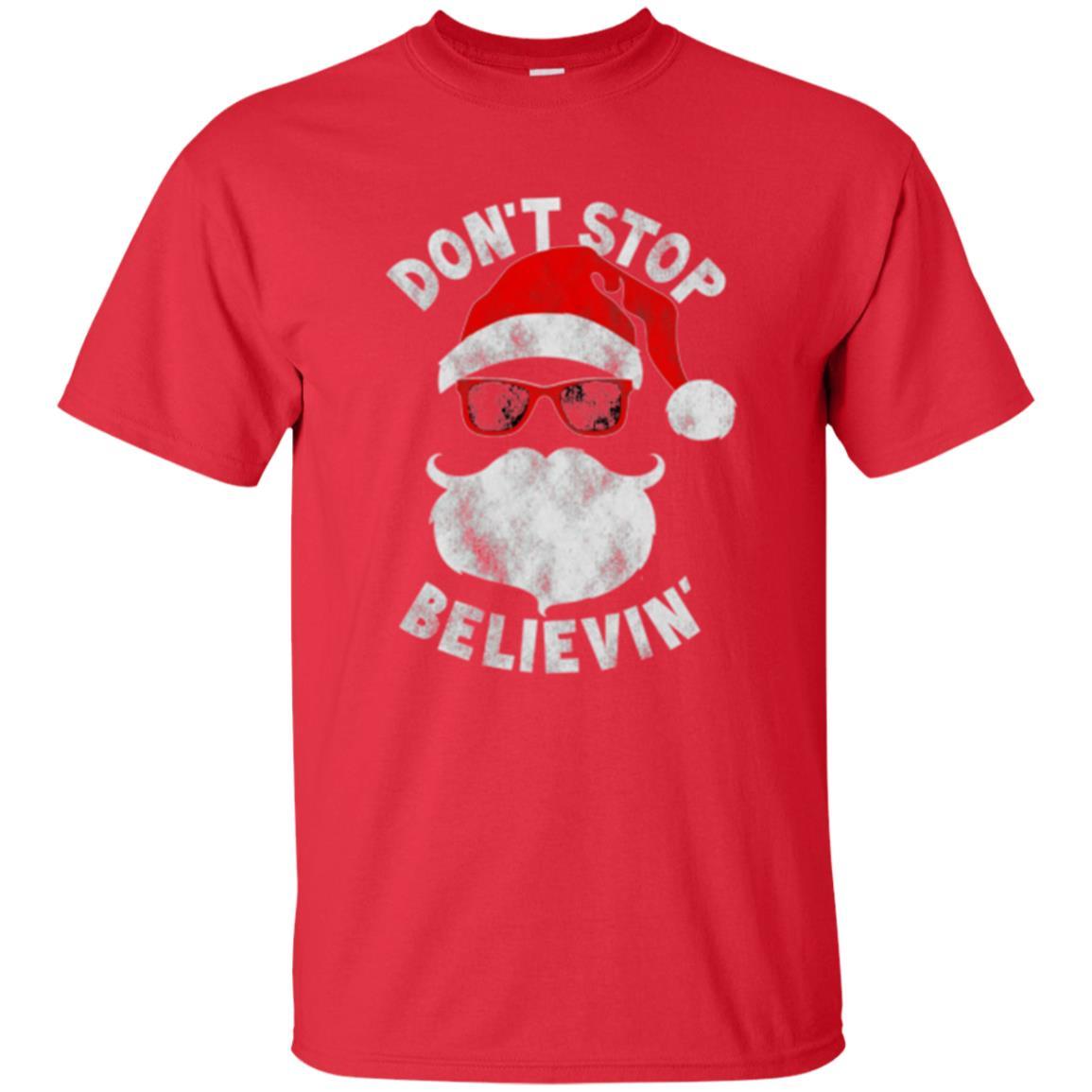 Christmas T-shirt Don't Stop Believing Cool Shades Santa Red
