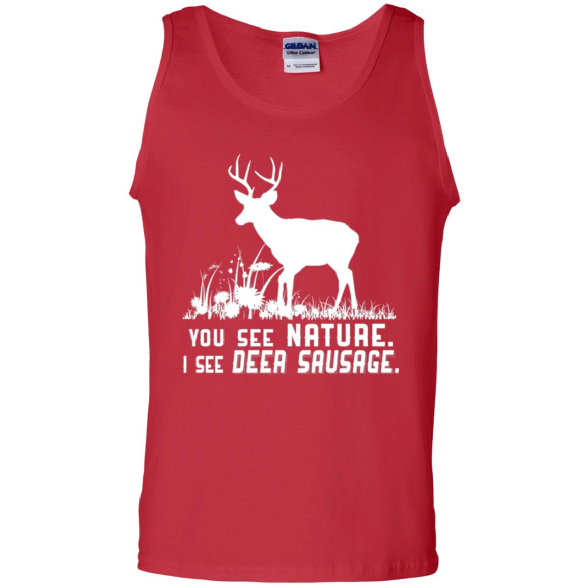 Funny Hunting T-shirt You See Nature I See Deer Sausage Red