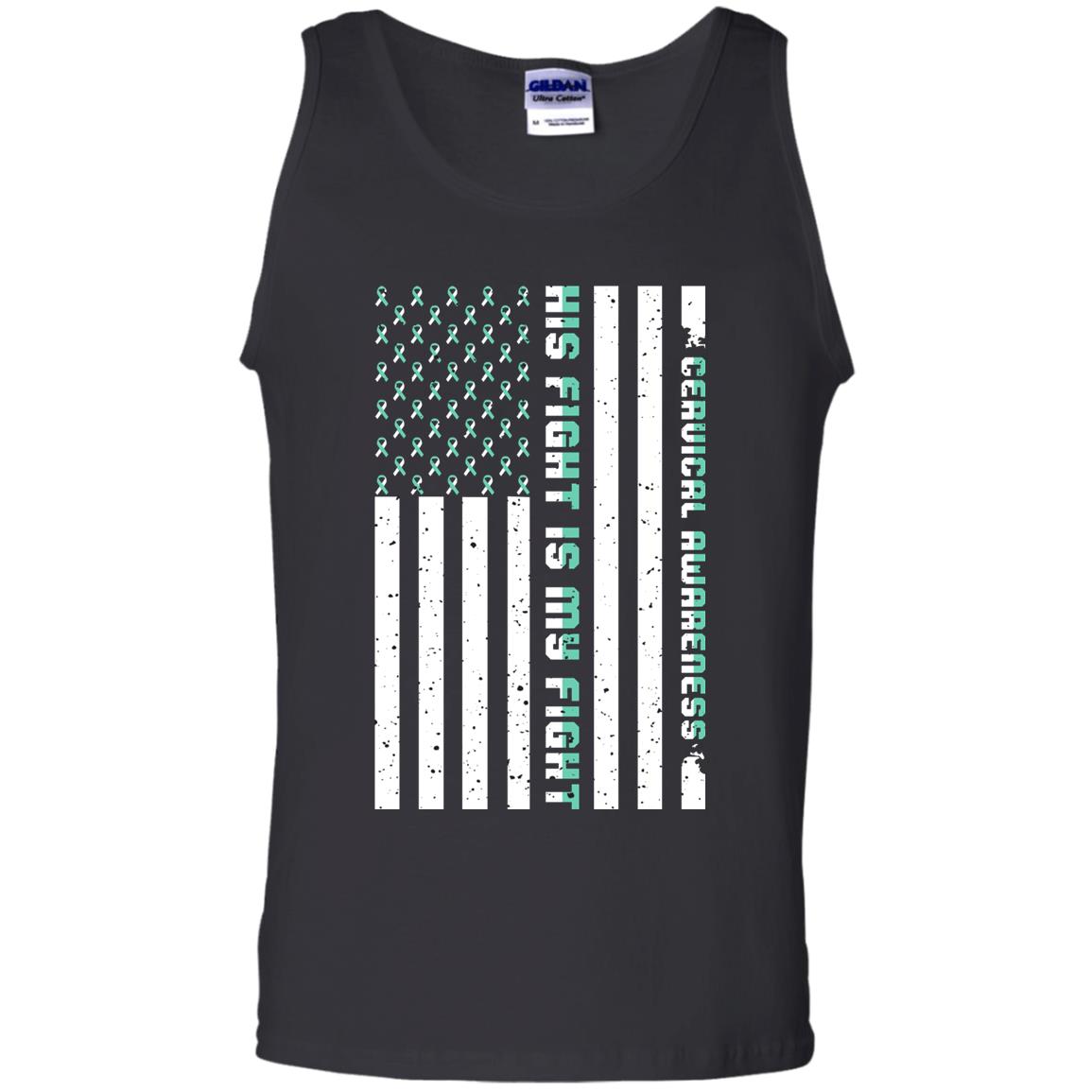 Cervical Awareness His Fight Is My Fight Teal White Stars Flag Of Usa Shirt Black