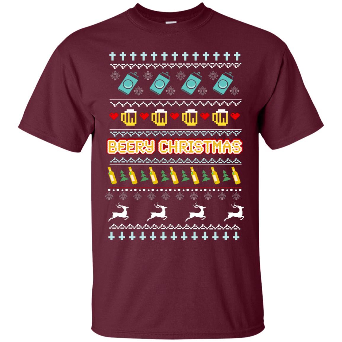 Beery Christmas Merry X-mas Beer Drinking Lovers Gift Shirt Maroon