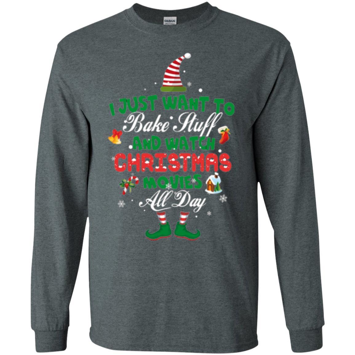 Christmas T-shirt I Just Want To Bake Stuff And Watch Christmas Movies Dark Heather