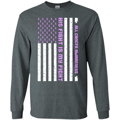 All Cancer Awareness His Fight Is My Fight Lavender Ribbon Stars Flag Of Usa Shirt Dark Heather