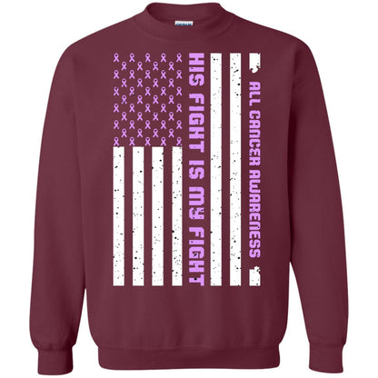 All Cancer Awareness His Fight Is My Fight Lavender Ribbon Stars Flag Of Usa Shirt Maroon