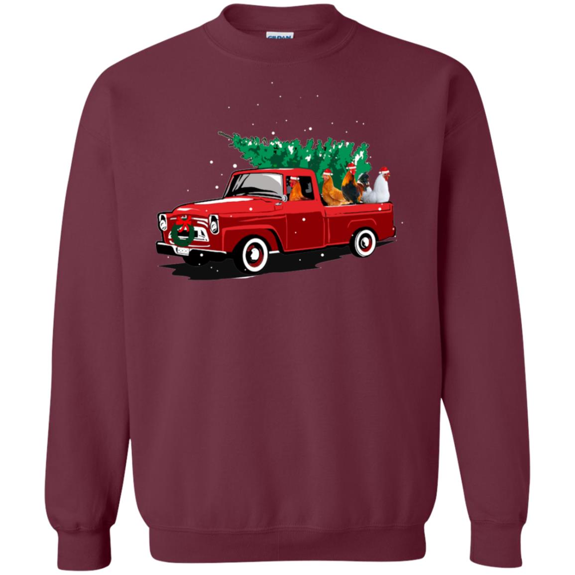 Chickens On Car Merry Christmas Gift Shirt For Mens Womens Maroon