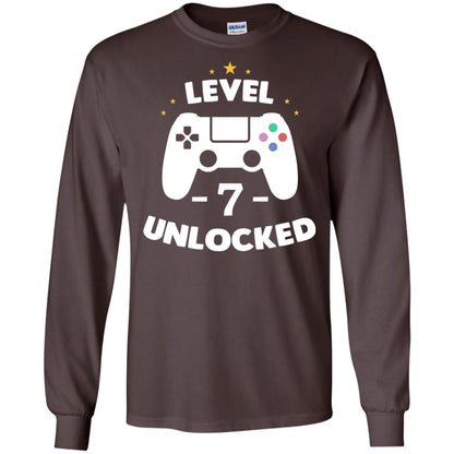 Level 7 Unlocked Gamer Seventh Birthday Party Shirt Dark Chocolate
