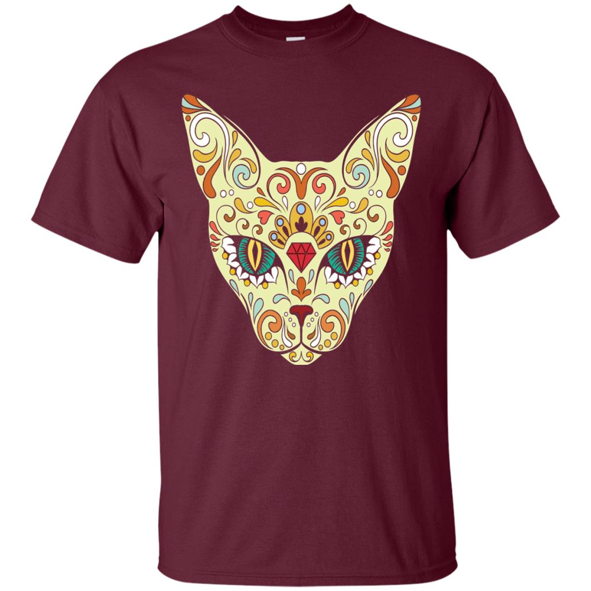 Cat Sugar Skull Design T-shirt Maroon