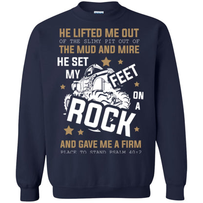 Christian T-shirt He Lifted Me Out Of The Slimy Pit Out Of The Mud And Navy