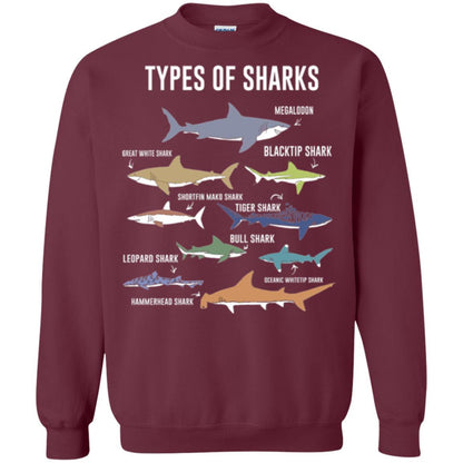 Shark Lover T-shirt 9 Types Of Sharks Ocean Maroon