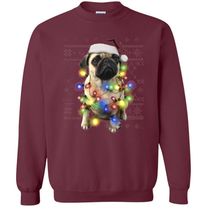 Dog Lover T-shirt Ugly Sweater Photoreal Christmas Lights Pug Graphic Maroon