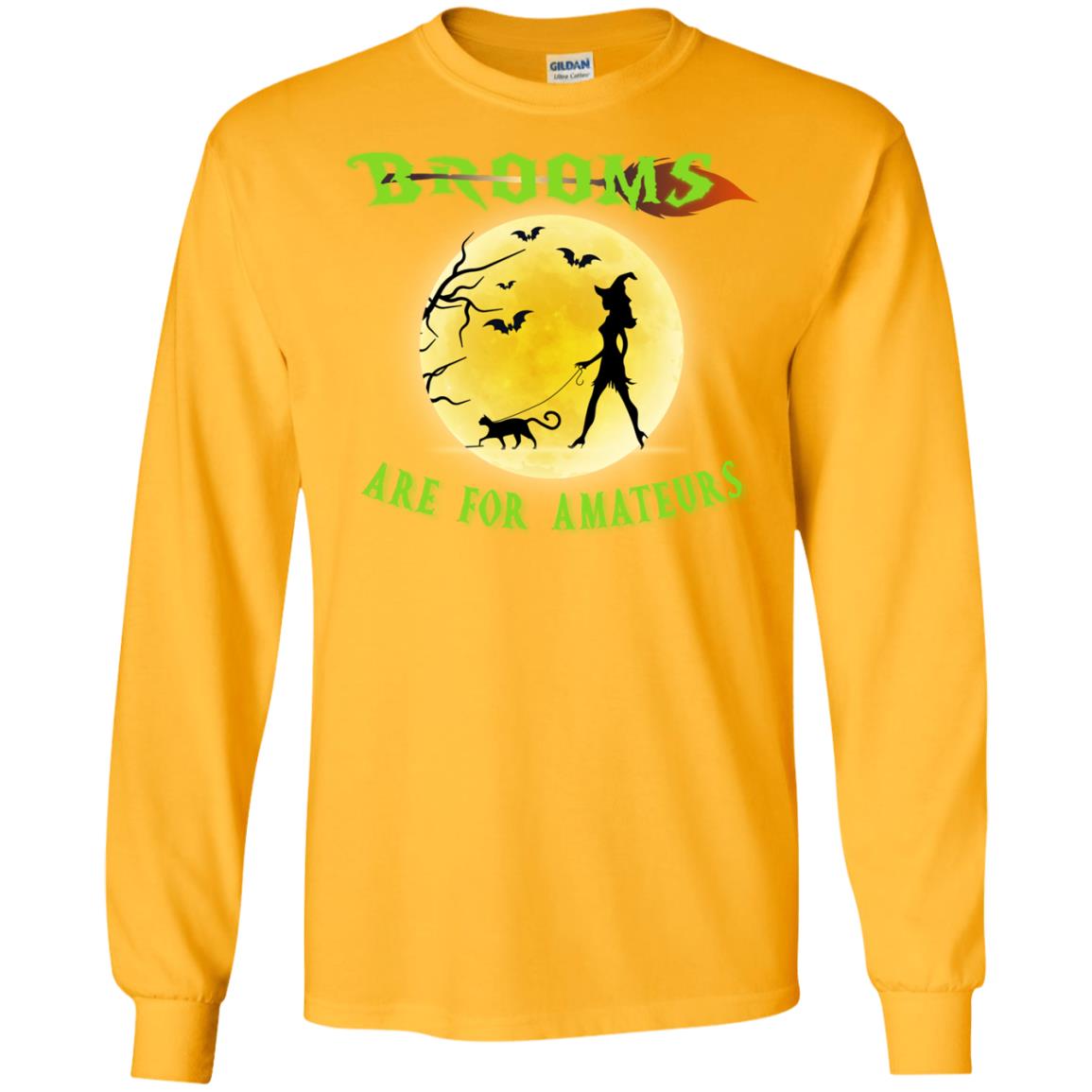 Brooms Are For Amateurs Witches Walk With Cat Funny Halloween Shirt Gold