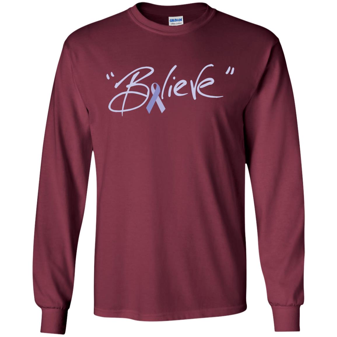 Esophageal And Stomach Cancer Awareness Shirt Periwinkle Blue Ribbon Believe Maroon
