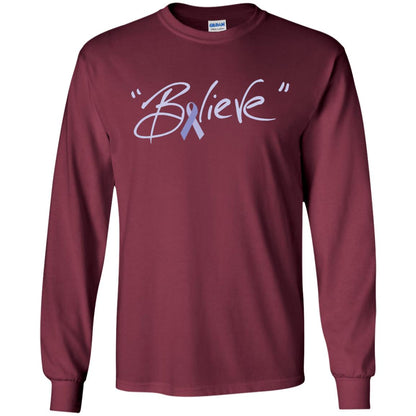 Esophageal And Stomach Cancer Awareness Shirt Periwinkle Blue Ribbon Believe Maroon