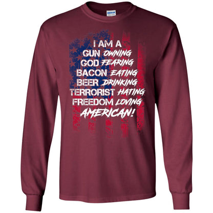 Military T-shirt I Am A Gun Owning God Fearing Bacon Eating Maroon